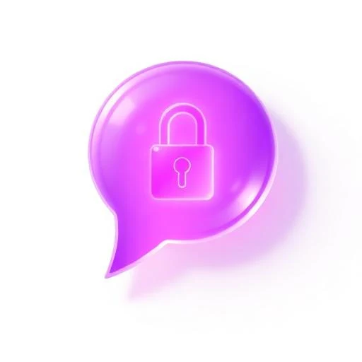 Glassy 3D chat bubble icon with a lock inside, purple-to-pink gradient, representing an anonymous chat app