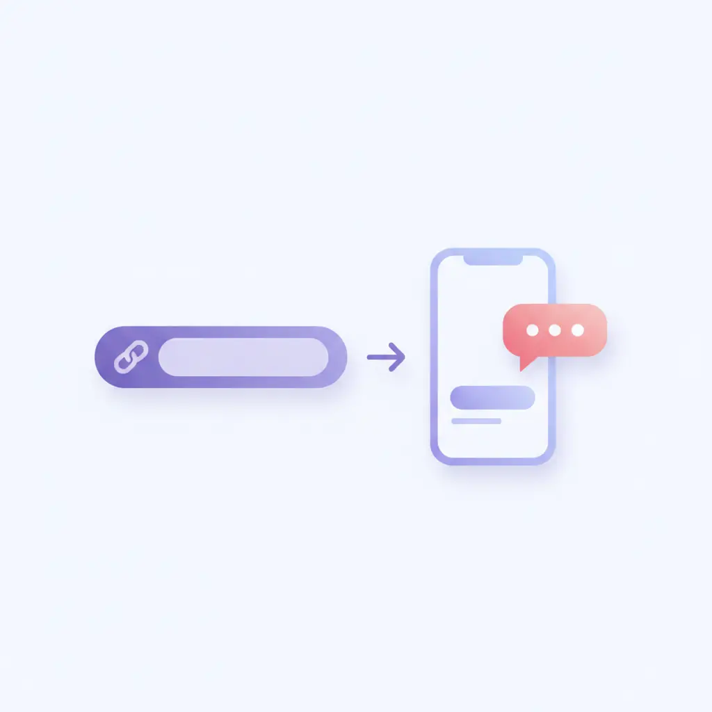 Illustration of a shareable link flowing into a phone showing a message text input