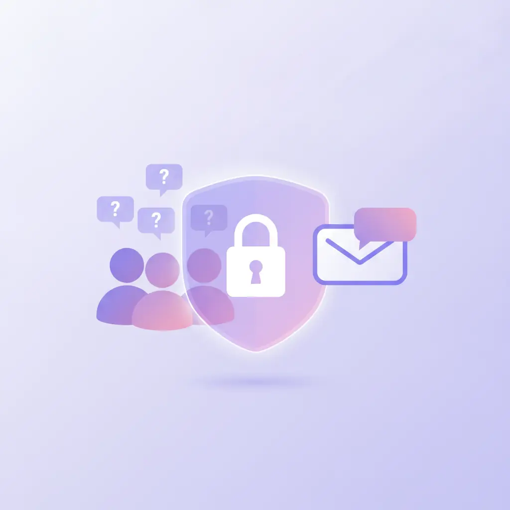 Transparent shield with padlock blocking sender silhouettes from the message recipient