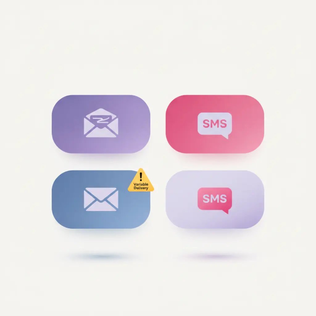 Grid of four SMS sender cards with subtle drop shadows, one showing a warning badge