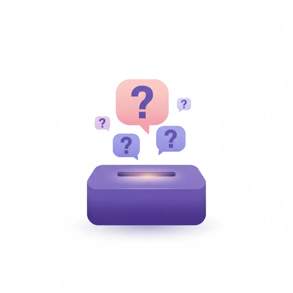 Illustration of an anonymous suggestion box with floating speech bubbles containing question marks