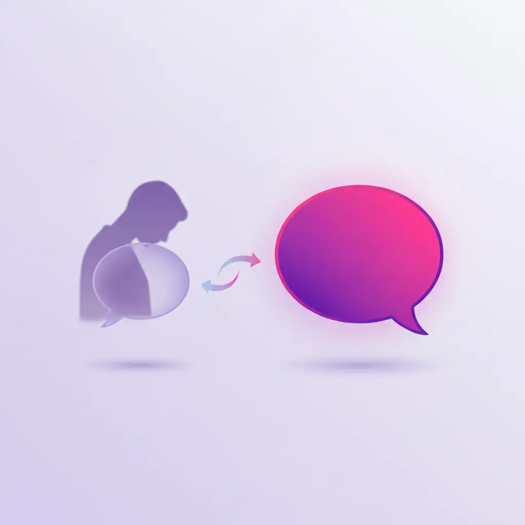 Small faded speech bubble on the left and large bold one on the right, connected by a curved arrow